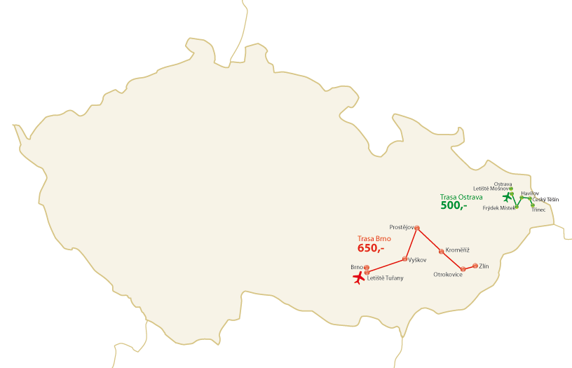 Mapa transferu k odletům z Brna a Ostravy