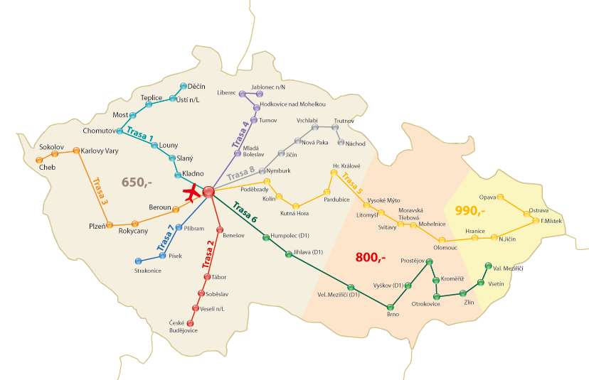 Mapa ČR -  transfery k odletům z Prahy