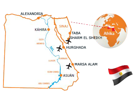 Situační mapa Egypta s polohou letovisek